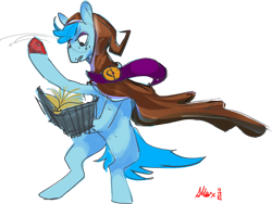 Size: 2362x1778 | Tagged: safe, artist:alumx, oc, oc only, earth pony, pony, bipedal, book, cloak, clothes, signature, simple background, solo, sweat, transparent background, underhoof