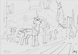 Size: 2313x1629 | Tagged: safe, artist:alumx, princess celestia, alicorn, pony, g4, black and white, city, crosswalk, crowd, female, grayscale, looking up, mare, monochrome, open mouth, open smile, sketch, smiling, street