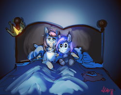 Size: 1629x1285 | Tagged: safe, artist:alumx, oc, oc only, pegasus, pony, bed, cigarette, crown, duo, duo male and female, female, in bed, jewelry, looking at you, male, mare, oc x oc, regalia, shipping, signature, smoking, stallion