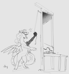 Size: 2680x2883 | Tagged: safe, artist:alumx, oc, oc only, draconequus, bipedal, black and white, candy, draconequus oc, food, grayscale, guillotine, high res, misleading thumbnail, monochrome, sketch, solo