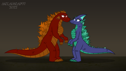 Size: 8000x4500 | Tagged: safe, artist:metalhead97, oc, oc:breez waterlow, oc:noah firebreath, kaiju, reptile, commission, female, lidded eyes, looking at each other, looking at someone, male, scales, show accurate, smiling, smiling at each other, straight