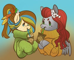 Size: 2153x1752 | Tagged: safe, artist:opalacorn, oc, oc:void, pegasus, pony, beanbrows, clothes, coffee, drink, drinking, drinking straw, duo, eyebrows, female, food, freckles, hoof hold, latte, mare, nose piercing, nose ring, piercing, pumpkin spice latte, sister, sweater, turtleneck
