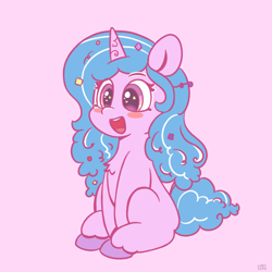 Size: 2048x2048 | Tagged: safe, artist:limitmj, izzy moonbow, pony, unicorn, g5, blush sticker, blushing, cute, female, high res, izzybetes, mare, open mouth, open smile, pink background, simple background, sitting, smiling, solo, starry eyes, wingding eyes