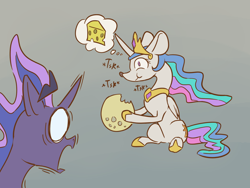 Size: 1024x768 | Tagged: safe, artist:exedrus, derpibooru exclusive, princess celestia, princess luna, alicorn, mouse, pony, g4, :t, cheese, chewing, eating, edible heavenly object, female, food, gray background, jewelry, mare, moon, mousified, regalia, shocked, shocked expression, simple background, sitting, species swap, tangible heavenly object, thought bubble, wide eyes