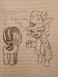 Size: 3000x4000 | Tagged: safe, starlight glimmer, trixie, pony, unicorn, g4, alcohol, beer, cape, clothes, drunk, hat, lined paper, no tail, traditional art, trixie's cape, trixie's hat