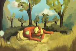 Size: 2732x1845 | Tagged: safe, artist:triplesevens, big macintosh, earth pony, pony, g4, eyes closed, grass, lying down, male, sleeping, solo, stallion, tree