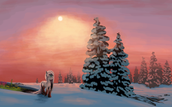 Size: 3200x2000 | Tagged: safe, artist:dr-fade, oc, oc only, oc:springbringer, pony, yakutian horse, flower, high res, long mane, long tail, snow, solo, sun, tail, tree, walking