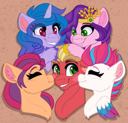 Size: 2048x1967 | Tagged: safe, artist:missbramblemele, izzy moonbow, pipp petals, sprout cloverleaf, sunny starscout, zipp storm, earth pony, pegasus, pony, unicorn, g5, my little pony: a new generation, best friends, blushing, brown background, bust, cheek kiss, colored wings, crown, cute, eye clipping through hair, eyebrows, eyebrows visible through hair, eyes closed, female, folded wings, graveyard of comments, grin, group, izzysprout, jewelry, kiss sandwich, kissing, male, mare, multicolored wings, petting, pippsprout, quintet, regalia, shipping, siblings, simple background, sisters, smiling, sprout gets all the mares, sproutbetes, sproutlove, stallion, straight, sunnysprout, wings, zippsprout