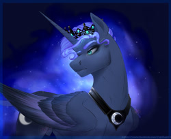 Size: 1280x1044 | Tagged: safe, artist:copshop, princess luna, alicorn, pony, g4, concave belly, crown, eyebrows, eyebrows visible through hair, fit, folded wings, frown, jewelry, male, nudity, prince artemis, regalia, rule 63, sheath, slender, solo, stallion, thin, wings