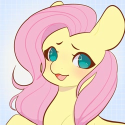Size: 1500x1500 | Tagged: safe, artist:xpeebx, fluttershy, pegasus, pony, g4, :3, blushing, bust, cute, daaaaaaaaaaaw, female, looking at you, mare, no pupils, open mouth, patterned background, portrait, shyabetes, smiling, solo
