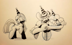 Size: 2426x1547 | Tagged: artist needed, safe, limestone pie, marble pie, pinkie pie, earth pony, pony, g4, abuse, angry, birthday, crying, female, hat, over the knee, party hat, pie sisters, pinkiebuse, scared, shocked, siblings, sisters, spanking, tears of pain, traditional art, trio