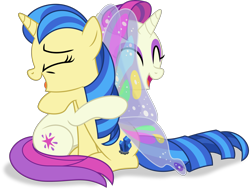 Size: 4025x3058 | Tagged: safe, artist:starcollider, asteria, mystic moonlight, pony, unicorn, 2 4 6 greaaat, g4, .svg available, butterfly wings, cute, duo, duo female, eyes closed, female, grin, high res, hug, mare, open mouth, simple background, sitting, smiling, svg, transparent background, vector, wings