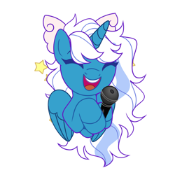 Size: 894x894 | Tagged: safe, artist:spotenyx, oc, oc:fleurbelle, alicorn, pony, alicorn oc, bow, eyes closed, female, hair bow, hair over one eye, horn, mare, microphone, simple background, singing, solo, stars, transparent background, wings