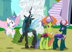 Size: 1280x928 | Tagged: safe, artist:hate-love12, pharynx, princess flurry heart, queen chrysalis, thorax, alicorn, changedling, changeling, pony, g4, a better ending for chrysalis, king thorax, older, older flurry heart, prince pharynx, statue