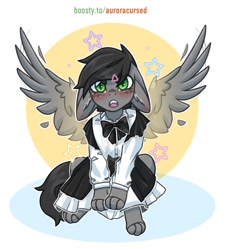 Size: 1396x1536 | Tagged: safe, artist:auroracursed, oc, oc only, oc:dante fly, hybrid, pony, undead, vampire, :o, blushing, clothes, crossdressing, cute, floppy ears, half bat pony, maid, male, open mouth, simple background, solo, white background