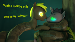 Size: 3840x2160 | Tagged: safe, artist:halbun, oc, oc only, oc:dark horse, oc:mesme rize, hybrid, lamia, original species, snake, 3d, boop, coiling, coils, cute, duo, high res, hypno eyes, hypnosis, kaa eyes, male, noseboop, sleepy, squeeze, stallion, tail, text