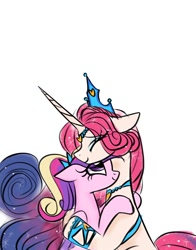 Size: 1074x1368 | Tagged: safe, artist:petaltwinkle, princess amore, princess cadance, alicorn, pony, unicorn, g4, distan relatives, hug, sibling love, siblings, simple background, teen princess cadance, white background, young, young cadance, younger