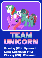 Size: 246x344 | Tagged: safe, editor:4-chap, fizzy, gusty, lily lightly, pony, unicorn, g1, g3, crossover, female, horn, magic, mare, smiling, sonic heroes, sonic the hedgehog (series), team, text