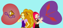 Size: 1280x579 | Tagged: safe, artist:hakdurbin, adagio dazzle, oc, human, equestria girls, g4, balloon, blowing up balloons, cutie mark, disguise, disguised siren, heart, heart balloon, inflating, simple background