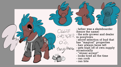 Size: 1983x1111 | Tagged: safe, artist:kafrizzzle, oc, oc only, oc:ollie grinder, earth pony, pony, blunt, cigar, drugs, earth pony oc, high, lighter, marijuana, nonbinary, reference sheet, smoking, solo, stoned, tired