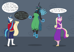 Size: 4961x3508 | Tagged: safe, artist:doublef-returns, princess cadance, queen chrysalis, shining armor, alicorn, changeling, changeling queen, unicorn, anthro, plantigrade anthro, series:complimentary confinement, g4, absurd resolution, clothes, dialogue, dress, dungeon, female, floating, glowing, glowing horn, hand on hip, horn, horn ring, levitation, magic, magic aura, magic suppression, ring, scroll, speech bubble, telekinesis, this will end in weight gain, uniform, weight gain sequence
