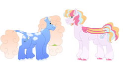Size: 1280x640 | Tagged: safe, artist:itstechtock, oc, oc only, oc:butterfly kisses, oc:yesterdaisy, bat pony, earth pony, pony, female, magical lesbian spawn, mare, offspring, parent:junebug, parent:minuette, parents:minubug, simple background, white background