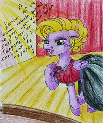 Size: 814x970 | Tagged: safe, artist:mintytreble, oc, oc only, oc:minty treble, pegasus, pony, blonde, blonde hair, blonde mane, clothes, female, opera, singing, solo, theater, traditional art