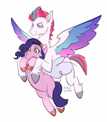 Size: 2508x2846 | Tagged: safe, artist:peachmichea, pipp petals, zipp storm, pegasus, pony, g5, carrying, colored wings, duo, duo female, eyebrows, female, flying, frown, high res, lidded eyes, mare, multicolored wings, pipp is short, royal sisters (g5), siblings, signature, simple background, sisters, smiling, smirk, spread wings, white background, winged hooves, wings