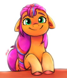 Size: 1898x2214 | Tagged: safe, artist:buttersprinkle, sunny starscout, earth pony, pony, g5, cute, female, floppy ears, mare, multicolored hair, simple background, smiling, solo, sunnybetes, weapons-grade cute, white background