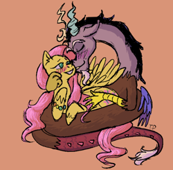 Size: 610x598 | Tagged: safe, artist:tashidelashi, discord, fluttershy, g4, cuddling, female, male, ship:discoshy, shipping, sketch, straight