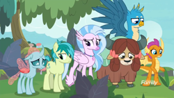 Size: 1248x702 | Tagged: safe, screencap, gallus, ocellus, sandbar, silverstream, smolder, yona, changedling, changeling, classical hippogriff, dragon, earth pony, griffon, hippogriff, pony, yak, g4, my little pony: friendship is magic, non-compete clause, bow, cloven hooves, colored hooves, hair bow, jewelry, monkey swings, necklace, student six