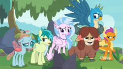 Size: 1249x702 | Tagged: safe, screencap, gallus, ocellus, sandbar, silverstream, smolder, yona, changedling, changeling, classical hippogriff, dragon, earth pony, griffon, hippogriff, pony, yak, g4, non-compete clause, bow, cloven hooves, colored hooves, gallus is not amused, hair bow, jewelry, monkey swings, necklace, sandbar is not amused, smolder is not amused, student six, unamused, yona is not amused