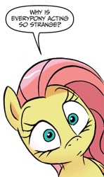 Size: 725x1226 | Tagged: safe, artist:jay fosgitt, idw, fluttershy, pegasus, pony, friends forever, g4, spoiler:comic, dialogue, female, mare, reaction image, simple background, solo, speech bubble, white background