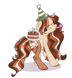 Size: 1920x2082 | Tagged: safe, artist:rose-moonlightowo, oc, oc only, oc:coffee latte, earth pony, pony, cake, deviantart watermark, female, floppy ears, food, hat, mare, obtrusive watermark, party hat, party horn, simple background, solo, transparent background, watermark