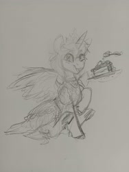 Size: 3072x4080 | Tagged: safe, artist:purple-blep, oc, oc only, oc:mitchy, alicorn, pony, alicorn oc, birthday, cake, crossdressing, food, horn, male, open mouth, open smile, sitting, sketch, smiling, solo, stallion, traditional art, wings