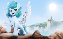 Size: 4000x2480 | Tagged: safe, artist:dormin-dim, oc, oc only, oc:siriusnavigator, pegasus, pony, lighthouse, looking at you, open mouth, spread wings, wings