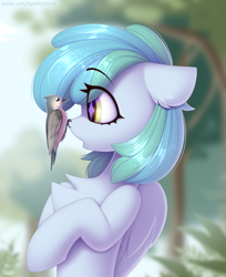 Size: 1359x1662 | Tagged: safe, artist:starlyfly, oc, oc only, oc:siriusnavigator, bird, pegasus, pony, :o, bipedal, bird on nose, chest fluff, cute, eye clipping through hair, eyebrows, eyebrows visible through hair, looking at each other, looking at someone, open mouth, side view, solo, starry eyes, wingding eyes
