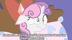 Size: 1279x719 | Tagged: safe, screencap, sweetie belle, pony, unicorn, for whom the sweetie belle toils, g4, bed, caption, ears back, female, filly, floppy ears, foal, image macro, impact font, implied button mash, meme, nose wrinkle, scared, solo, text