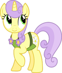 Size: 679x799 | Tagged: safe, artist:starryshineviolet, sunshine petals, pony, unicorn, g4, rarity takes manehattan, apron, clothes, female, flower, looking up, mare, simple background, smiling, solo, transparent background, vector