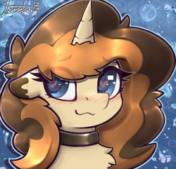 Size: 1288x1244 | Tagged: safe, artist:llametsul, oc, oc only, oc:creme cookie, pony, unicorn, blushing, bust, chest fluff, choker, colored, female, floppy ears, freckles, heart, heart eyes, mare, signature, smiling, solo, wingding eyes