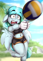 Size: 2480x3508 | Tagged: safe, artist:felixf, oc, oc only, oc:siriusnavigator, pegasus, anthro, unguligrade anthro, clothes, eyebrows, eyebrows visible through hair, female, floppy ears, high res, midriff, open mouth, shorts, solo, sports, tank top, volleyball, wide eyes
