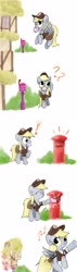 Size: 1000x3500 | Tagged: safe, artist:widelake, derpy hooves, lily, lily valley, pegasus, pony, g4, comic, cross-popping veins, exclamation point, mail, mailbox, mailmare, music notes, question mark, solo