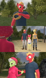 Size: 1920x3240 | Tagged: safe, artist:papadragon69, apple bloom, applejack, big macintosh, granny smith, earth pony, anthro, g4, leap of faith, 3d, clothes, comic, female, male, scene interpretation, source filmmaker, undressing, yoke