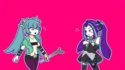 Size: 1920x1080 | Tagged: safe, artist:metaruscarlet, aria blaze, human, g4, alternate hairstyle, anime, annoyed, ariatsune miku, belt, blushing, boots, clothes, clothes swap, cosplay, costume, crossed arms, crossover, denim, duo, female, hatsune miku, humanized, jeans, jewelry, knee-high boots, leek, necklace, necktie, open mouth, pants, pink background, shirt, shoes, simple background, skirt, sleeveless, tank top, vest, vocaloid, wristband