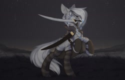 Size: 2560x1641 | Tagged: safe, artist:tttips!, oc, oc only, oc:peach, zebra, ashes town, cape, clothes, dawn, female, gem, grass, jewelry, looking at you, mare, mouth hold, necklace, night, night sky, outdoors, rearing, saber, scabbard, shooting star, sky, smoke, socks, solo, stars, stockings, striped socks, sword, thigh highs, weapon, zebra oc