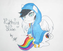 Size: 992x805 | Tagged: safe, artist:daceria, oc, oc only, oc:lightning bliss, clothes, cute, deviantart watermark, hoodie, obtrusive watermark, ocbetes, signature, simple background, solo, text, traditional art, watermark, white background