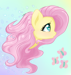Size: 1280x1355 | Tagged: safe, artist:flutterbug18, fluttershy, pony, g4, abstract background, bust, female, looking away, looking up, mare, open mouth, portrait, profile, solo