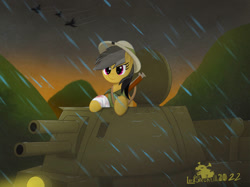 Size: 1033x774 | Tagged: safe, artist:lordshrekzilla20, daring do, pony, fanfic:a king to a god, g4, gun, rain, rifle, tank (vehicle), weapon