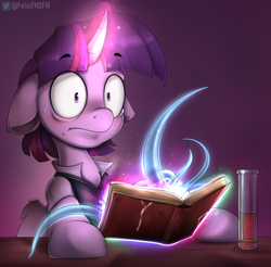 Size: 2480x2436 | Tagged: safe, artist:felixf, twilight sparkle, alicorn, pony, g4, book, female, floppy ears, glowing, glowing horn, high res, hooves, horn, magic, mare, pinpoint eyes, solo, sweat, sweatdrop, tentacles, twilight sparkle (alicorn), wings