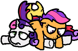 Size: 496x327 | Tagged: safe, artist:pokehidden, edit, apple spice, scootaloo (g3), sweetie belle (g3), earth pony, pegasus, pony, unicorn, banned from equestria daily, g3, g4, cute, cutie mark crusaders, female, filly, floppy ears, foal, g3 cutealoo, g3 diasweetes, g3 scootasad, g3 sweetiesad, g3 to g4, generation leap, horn, lying down, on back, prone, sad, sad spice, sadorable, simple background, spiceabetes, transparent background, wings